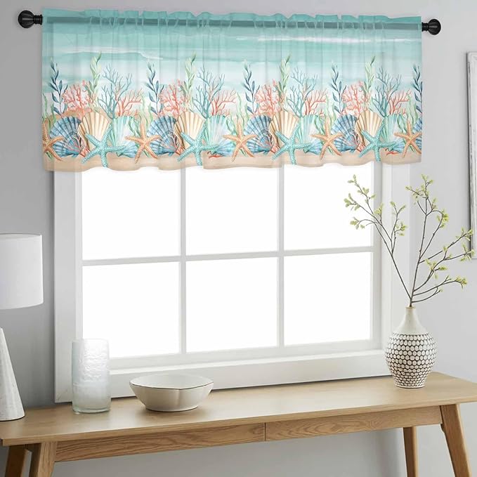 Summer Beach Sheer Valance Curtains, Green Ocean Colorful Coral Shell Seaweed Starfish Sandy Light Filtering Kitchen Valances Rod Pocket Voile Curtain for Bedroom/Living Room/Basement 60Wx18L