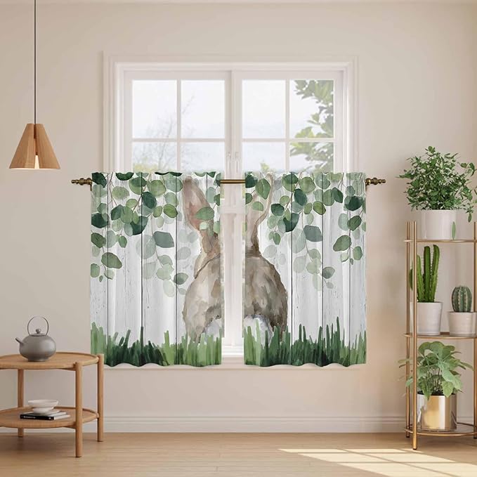 Easter Kitchen Curtains, Country Rabbit Botanical Leaves Wooden Grain Light Filtering Window Curtain Panels, 2Pcs Rod Pocket Window Treatments Set for RV Dining Room Study Room 42x45 Inches