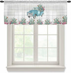 Farmhouse Sheer Valance Curtains, Summer Blue Car with Cactus Succulents Wood Grain Light Filtering Kitchen Valances Rod Pocket Voile Curtain Window Treatment for Bedroom/Living Room/Basement 42Wx18L