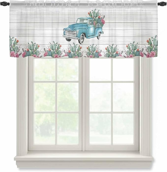 Farmhouse Sheer Valance Curtains, Summer Blue Car with Cactus Succulents Wood Grain Light Filtering Kitchen Valances Rod Pocket Voile Curtain Window Treatment for Bedroom/Living Room/Basement 60Wx18L