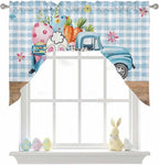 Swag Valance Curtains, Easter Truck with Rabbit Eggs Carrot Rod Pocket Valances Swag Topper for Kitchen Windows, Wood Barn and Blue Checker Light Filtering Short Curtain for Bedroom Bathroom 56x36In
