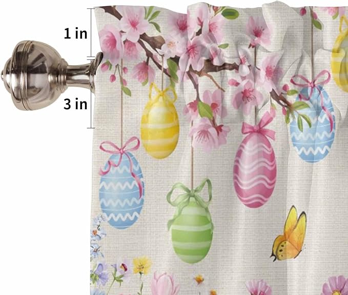 Happy Easter Tier Curtains 45 Inches Long, Spring Farmhouse Bunny Eggs Flower Beige Window Treatment Curtain Drapes, Small Curtain Drapes for Bathroom Laundry Room, 27.5"x45", 2 Panels