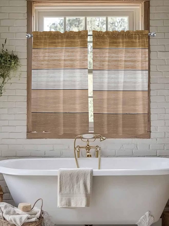Retro Farm Wood Board Window Valance Curtains, Brown Graduality Striped Light Filtering Kitchen Valance with 3-inch Rod Pocket for Living Room Bathroom Bedroom,2 Panel,52x54In
