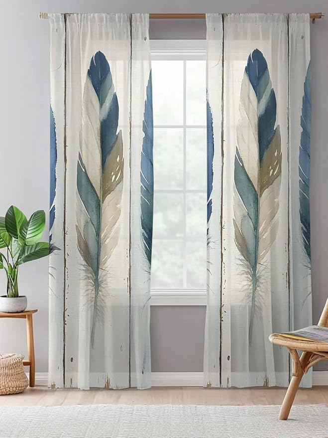 Sheer Curtains 84 Inches Long, Boho Blue Feathers Semi Sheer Curtains Light Filtering Window Treatment, Farmhouse Vintage Wooden Grain Privacy Voile Drapes for Living Room Bedroom 52x84 Inch