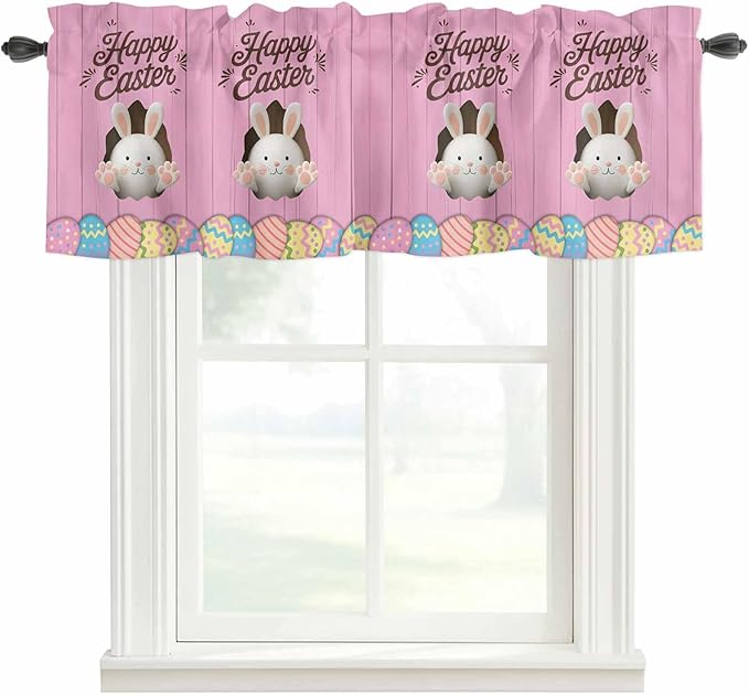 Pink Easter Curtain Valances for Windows, Kitchen Valance Window Treatment, Easter Bunny Eggs Spring Cartoon Farmhouse Wood Grain Light Filter Block Curtains for Bathroom/Bedroom/Living Room 42''x12''