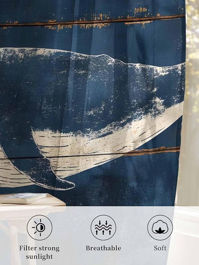 Sheer Curtains 45 Inch Length, Summer Whale Blue Semi Sheer Curtains Light Filtering Window Treatment, Coastal Ocean Vintage Wooden Grain Privacy Voile Drapes for Living Room Bedroom 52x45 Inch