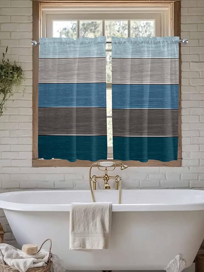 Retro Farm Blue Gray Wood Grain Window Valance Curtains, Rustic Wooden Plank Light Filtering Kitchen Valance with 3-inch Rod Pocket for Living Room Bathroom Bedroom,2 Panel,42x54In