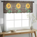 Summer Sunflower Sheer Valance Curtains, Yellow Floral Plants Bees Brown Wood Grain Light Filtering Kitchen Valances Rod Pocket Voile Curtain Window Treatment for Bedroom/Living Room/Basement 42Wx18L