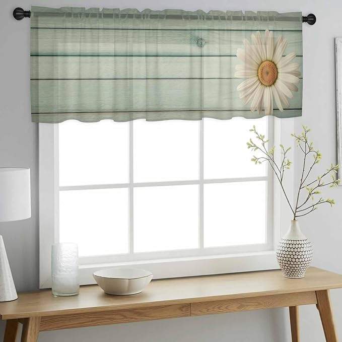 Daisy Flower Sheer Valances for Windows 42"x18", Light Filtering Kitchen Curtains Valance, Modern Art Floral Farmhouse Teal Wooden Grain Rod Pocket Chiffon Curtains for Living Room Bedroom Cafe