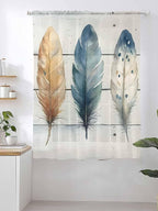Sheer Curtains 72 Inches Long, Boho Blue Feathers Semi Sheer Curtains Light Filtering Window Treatment, Country Vintage Wooden Grain Privacy Voile Drapes for Living Room Bedroom 52x72 Inch