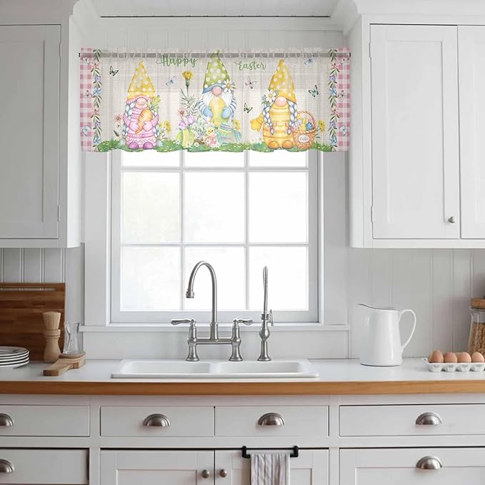 Easter Sheer Valances for Windows 42"x12", Light Filtering Kitchen Curtains Valance, Country Gnomes Duck Floral Eggs Pink Buffalo Check Rod Pocket Chiffon Curtains for Living Room Bedroom Cafe