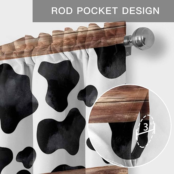 Cow Printed Curtain Valances for Windows, Kitchen Valance Window Treatment, Farmhouse Watercolor Country Wooden Grain Light Filtering Block Curtains for Bathroom/Bedroom/Living Room 42'' x 18''
