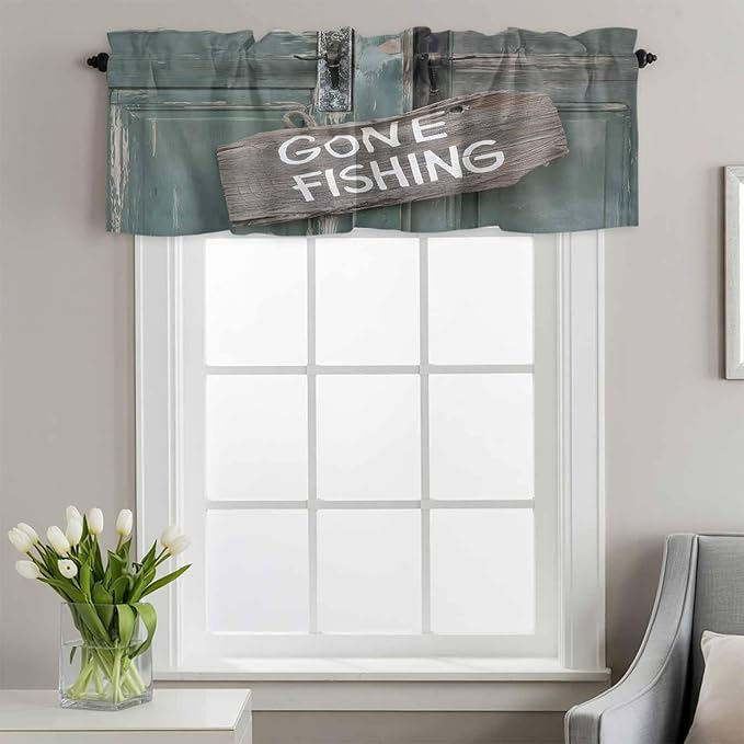 Gone Fishing Valances for Windows, Bronze Wood Grain Kitchen Valance Light Filtering Rod Pocket Short Curtains for Kitchen Bathroom, 1 Panel, 54"x18"