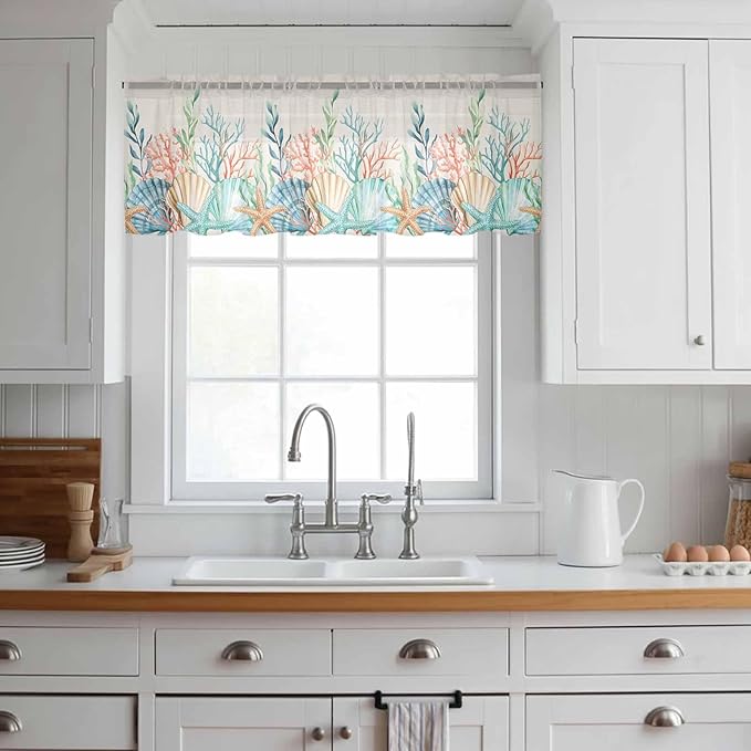 Summer Beach Sheer Valance Curtains, Ocean Colorful Coral Shell Seaweed Starfish Linen Light Filtering Kitchen Valances Rod Pocket Voile Curtain Treatment for Bedroom/Living Room/Basement 54Wx18L
