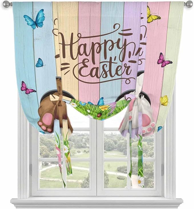 Tie Up Curtains,Happy Easter Rabbit Butt Egg on Daisy Leaf Adjustable Rod Pocket Window Shade Curtain Drape Bufferfly on Wood Barn Tie-Up Valance for Kitchen Bedroom Living Room Windows,42"x54"