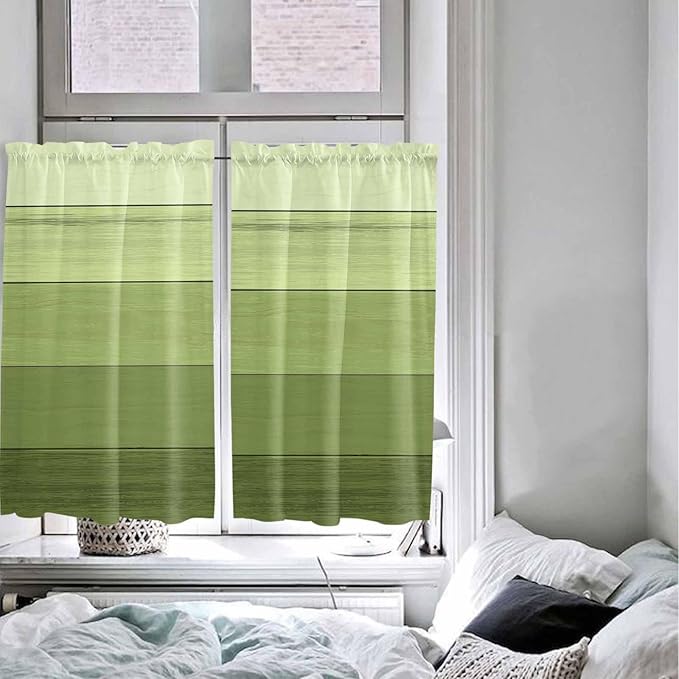 Gradient Green Wooden Board Window Valance Curtains, Retro Country Wood Grain Light Filtering Kitchen Valance with 3-inch Rod Pocket for Living Room Bathroom Bedroom,2 Panel,42x45In