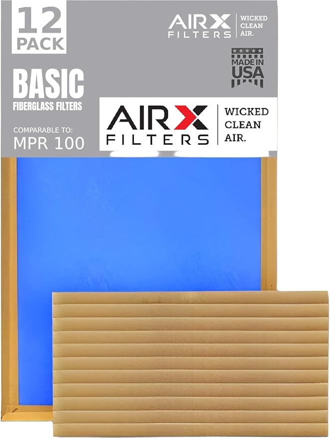 16x16x2 Air Filter Comparable to MPR 100 Basic Economy Furnace Filters, 12 Pack of Non Pleated Fiberglass Filter For Dust - Low Airflow Restriction! From AIRX FILTERS WICKED CLEAN AIR.