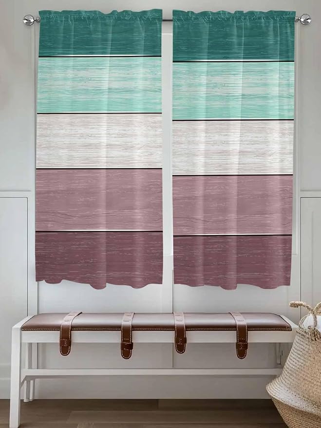Retro Farm Woodcuts Texture Window Valance Curtains, Green Brown Gradient Light Filtering Kitchen Valance with 3-inch Rod Pocket for Living Room Bathroom Bedroom,2 Panel,42x63In