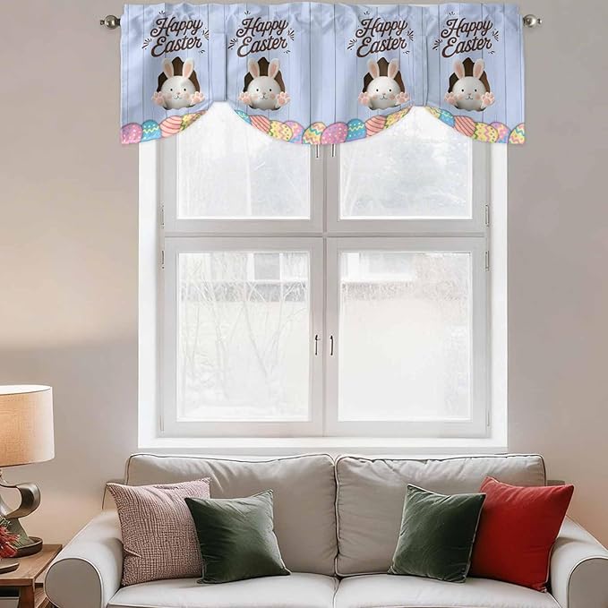 Blue Easter Tie Up Valance Curtains for Windows, Kitchen Curtains Window Shades, Spring Cartoon Bunny Colorful Eggs Wood Grain Light Filtering Roman Curtain Valances for Bedroom/Bathroom/Cafe 42"x12"
