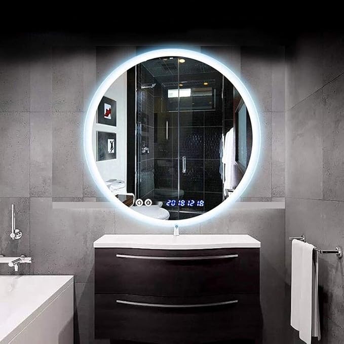 Round LED Bathroom Mirror Demister Pad IP44 Vanity Large Mirror Cold Light Dressing Wall Mirror (Color : Cold Light Size : 60cm) (Cold Light 80cm)