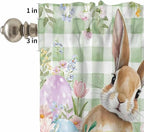 Kitchen Curtains Tiers and Valance Set of 3, Easter Light Filtering Window Curtain Set, Spring Bunny Colorful Eggs Floral Leaves Grey Plaid Rod Pocket Curtain Drapes for Living Room, 24 Inches Tiers