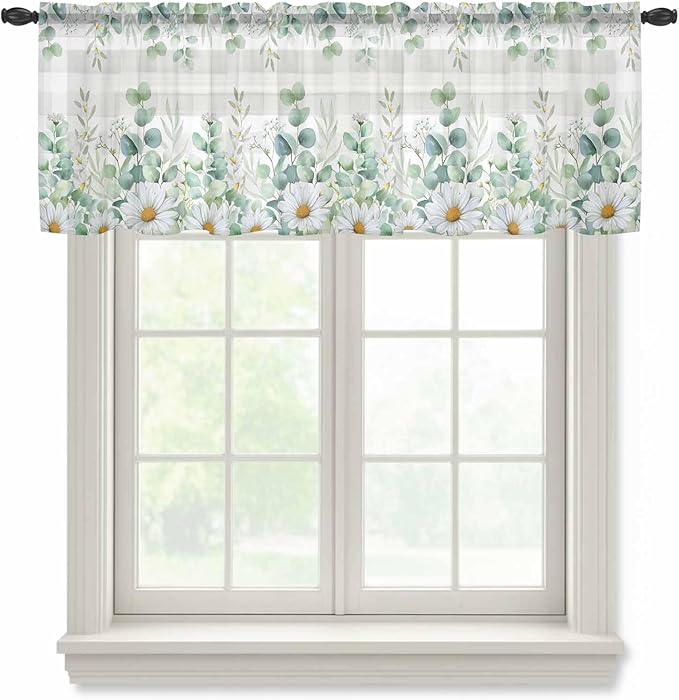 Eucalyptus Leaves Daisy Sheer Valance Curtains, Summer Farmhouses Gray Plaid Light Filtering Kitchen Valances Rod Pocket Voile Curtain Window Treatment for Bedroom/Living Room/Basement 54Wx18L