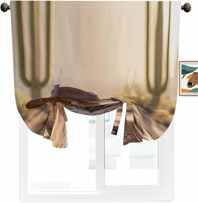 Tie Up Curtains for Windows, Cowboy Western Adjustable Balloon Nature Linen Textured Kitchen Curtain, Cowboy Hats Boots Desert Cacti Vintage Decorative Tie Up Curtain for Window, 52" x 45"