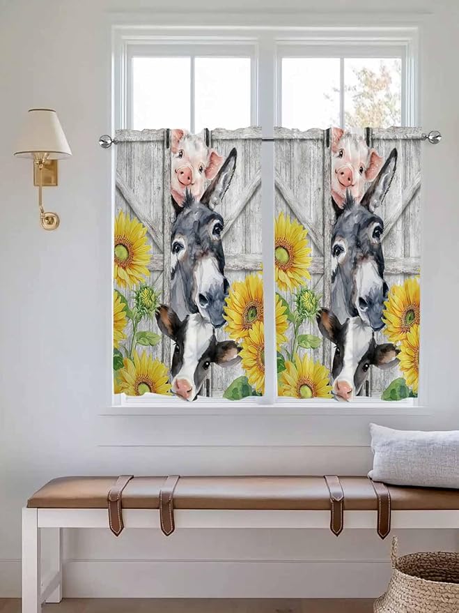 Farmhouse Kitchen Curtains 45 Inches length, Watercolor Sunflowers Animals Printed Wood Grain Window Treatment Curtain Drapes, Lightweight Window Panels for Living Room Bedroom, 52"x45", 2 Panels