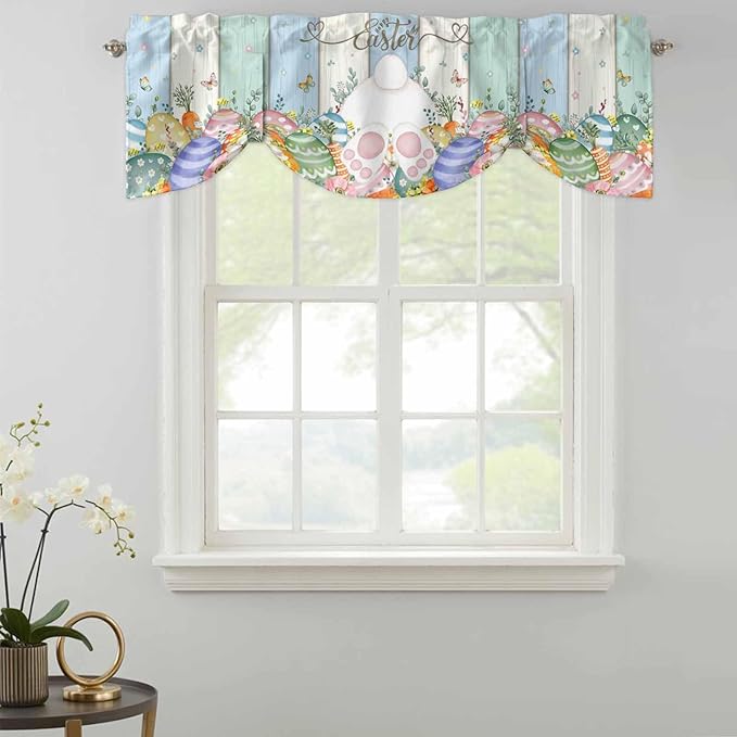 Easter Tie Up Valance Curtains for Windows, Kitchen Curtains Window Shades, Spring Rabbit Ears Foot Flowers Eggs Green Wooden Light Filtering Roman Curtain Valances for Bedroom/Bathroom/Cafe 60"x18"