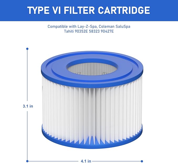 Type VI Hot Tub Filter Cartridge Compatible with Lay-Z-Spa, Coleman SaluSpa 90352E, 58323E, 58323 Swimming Pool Pump (12 Pack)
