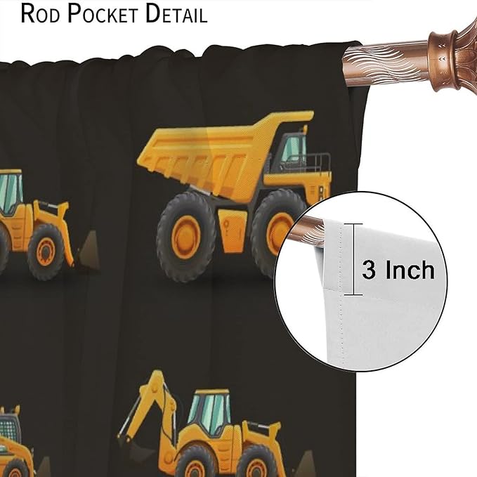 Kids Construction Window Curtains, Construction Machinery Equipment Mode of Transport Bulldozer Tractor Windows Curtain for Children Teens Room Decor 55x63in (30% Blackout)
