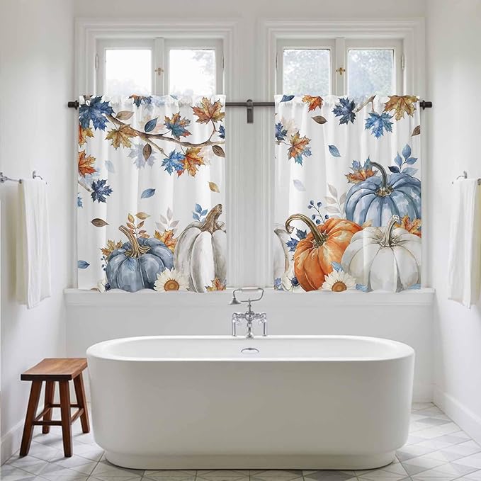 Navy Blue Pumpkin Fall Kitchen Curtains 45 Inch Long 2 Panel Set, Rod Pocket Window Treatment, Thanksgiving Maple Leaves Branches Light Filtering Panels Short Drapes for Bathroom Camper 42"W x 45"L