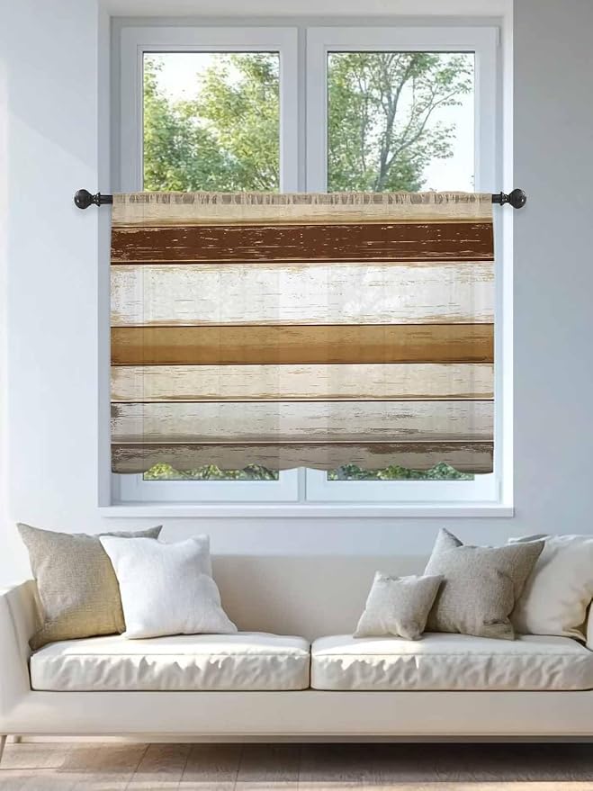 Sheer Curtains 45 Inch Length, Brown Wood Grain Semi Sheer Curtains Light Filtering Window Treatment, Vintage Country Geometric Striped Privacy Voile Drapes for Living Room Bedroom 52x45 Inch