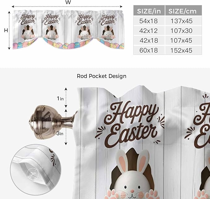 Grey Easter Tie Up Valance Curtains for Windows, Kitchen Curtains Window Shades, Spring Cartoon Bunny Colorful Eggs Wood Grain Light Filtering Roman Curtain Valances for Bedroom/Bathroom/Cafe 60"x18"