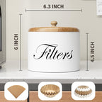 Coffee Filter Holder, Wooden Coffee Filter Storage with Lid, Round CoffeeFilterContainer for Counter, Rustic Farmhouse Bar Accessories Decor (White)