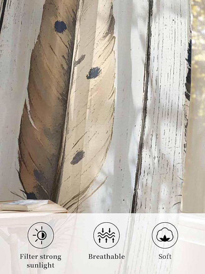 Sheer Curtains 63 Inch Length, Farmhouse Feather Semi Sheer Curtains Light Filtering Window Treatment, Watercolor Vintage Wooden Grain Privacy Voile Drapes for Living Room Bedroom 52x63 Inch