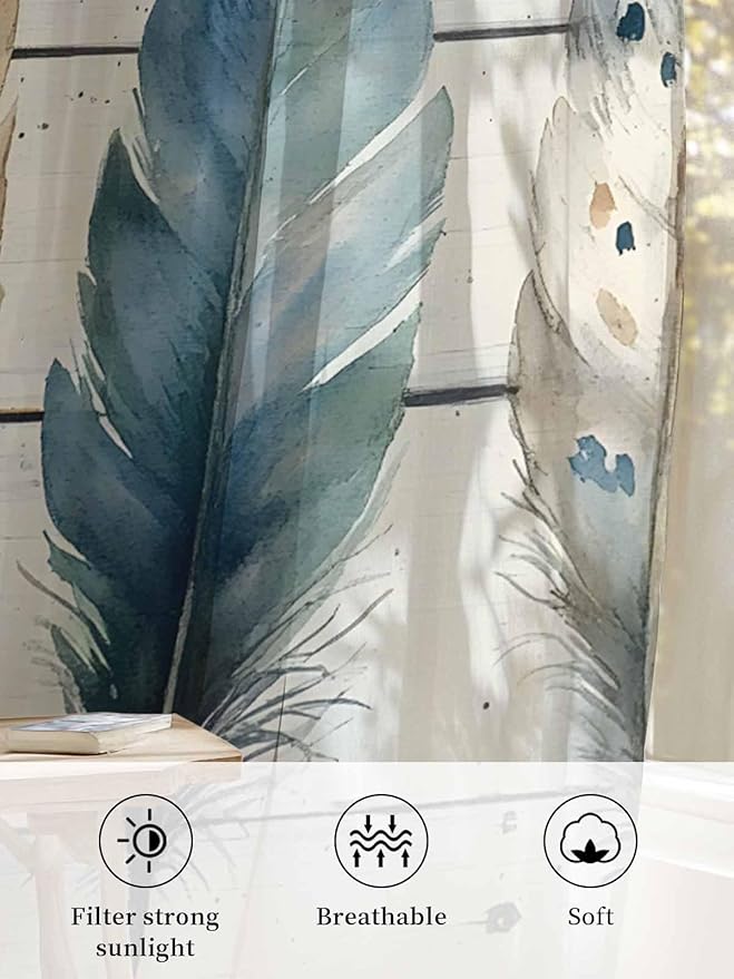 Sheer Curtains 108 Inches Long, Boho Blue Feathers Semi Sheer Curtains Light Filtering Window Treatment, Country Vintage Wooden Grain Privacy Voile Drapes for Living Room Bedroom 52x108 Inch