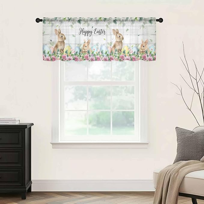 Easter Sheer Valances for Windows 54"x18", Light Filtering Kitchen Curtains Valance, Spring Watercolor Bunny Eggs Flower Leaf Wooden Grey Rod Pocket Chiffon Curtains for Living Room Bedroom Cafe