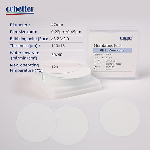 100 Pieces/Pack PES Disc Membrane Filters Hydrophilic 47mm Diameter 0.45µm Pore Size