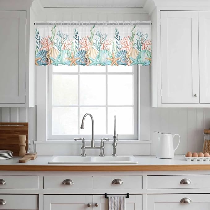 Summer Beach Sheer Valance Curtains, Ocean Colorful Coral Shell Seaweed Starfish Light Filtering Kitchen Valances Rod Pocket Voile Curtain Window Treatment for Bedroom/Living Room/Basement 42Wx12L