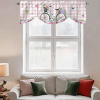 Spring Tie Up Valance Curtains for Windows, Kitchen Curtains Window Shades, Bicycles Leaves Butterfly Flowers Pink Buffalo Plaid Light Filtering Curtain Valances for Bedroom/Bathroom/Cafe 42"x12"
