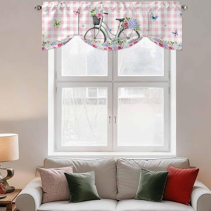 Spring Tie Up Valance Curtains for Windows, Kitchen Curtains Window Shades, Bicycles Leaves Butterfly Flowers Pink Buffalo Plaid Light Filtering Curtain Valances for Bedroom/Bathroom/Cafe 60"x18"