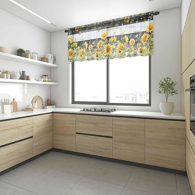 Summer Floral Sheer Valance Curtains, Watercolor Sunflower Eucalyptus Leaves Black Wood Grain Light Filtering Kitchen Valances Rod Pocket Voile Curtain for Bedroom/Living Room/Basement 42Wx12L