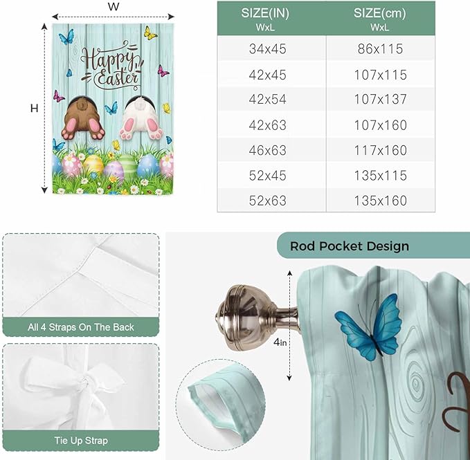 Tie Up Curtains,Happy Easter Bunny Butt Egg Floral Adjustable Rod Pocket Window Shade Curtain Drape Spring Plant on Aqua Wood Tie-Up Valance for Kitchen Bedroom Living Room Windows,42"x63"