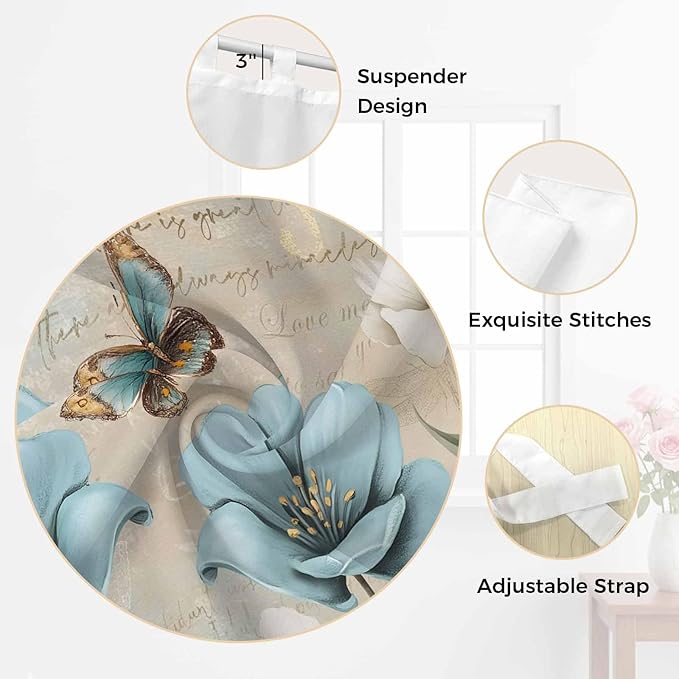 Spring Flowers Kitchen Curtains 36 Inch Length, Small Window Curtains Tab Top, Vintage Rustic Tulips Floral Butterfly Khaki Light Filtering Short Window Treatments Tier Drapes 27.5"x36" 2 Panel