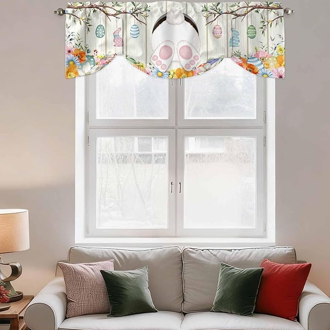 Easter Tie Up Valance Curtains for Windows, Kitchen Curtains Window Shades, Spring Farmhouse Watercolor Bunny Eggs Wood Grain Light Filtering Roman Curtain Valances for Bedroom/Bathroom/Cafe 60"x18"