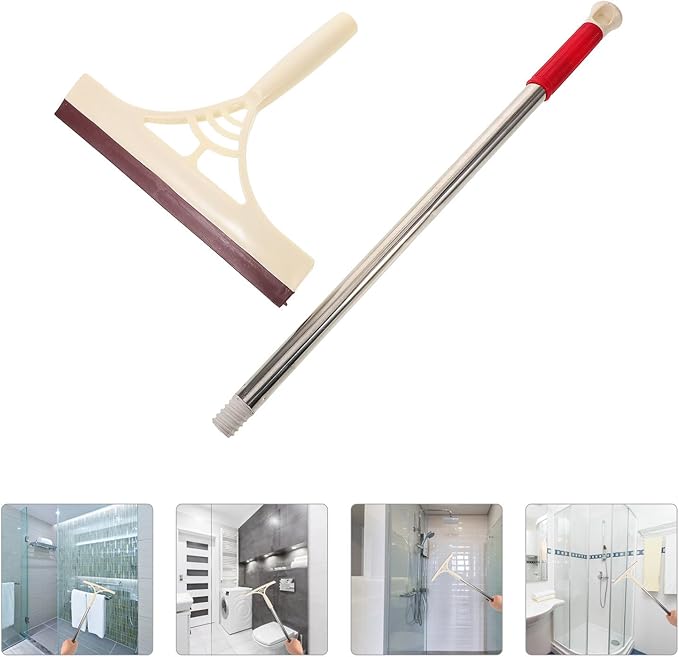 Toyvian Multi-Functional Glass Squeegee with Scrubber, Dry and Wet Use Window Cleaner Tool for Tiles and Car Windows, Khaki Household Extendable Shower Squeegee for Bathroom and Kitchen