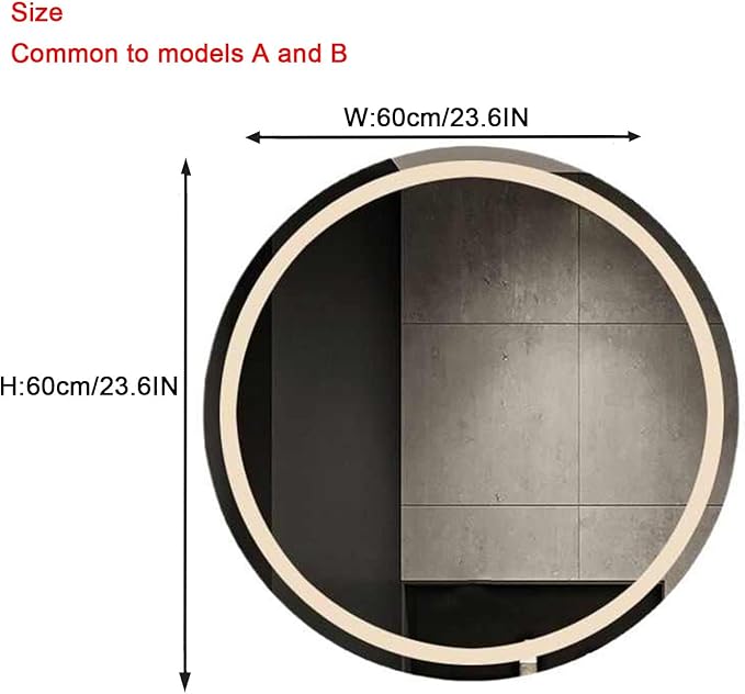Round Bathroom Mirror with LED Lights and Demister，Round LED Bathroom Mirror with Light,Large Circle Mirror Backlit + Front Light，3 Colors Dimmable/Demister Pad(B,H60*W60cm/H23.6*W23.6IN)