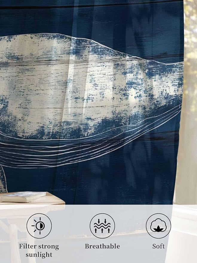 Sheer Curtains 72 Inches Long, Summer Whale Semi Sheer Curtains Light Filtering Window Treatment, Ocean Watercolor Wooden Grain Blue Privacy Voile Drapes for Living Room Bedroom 52x72 Inch