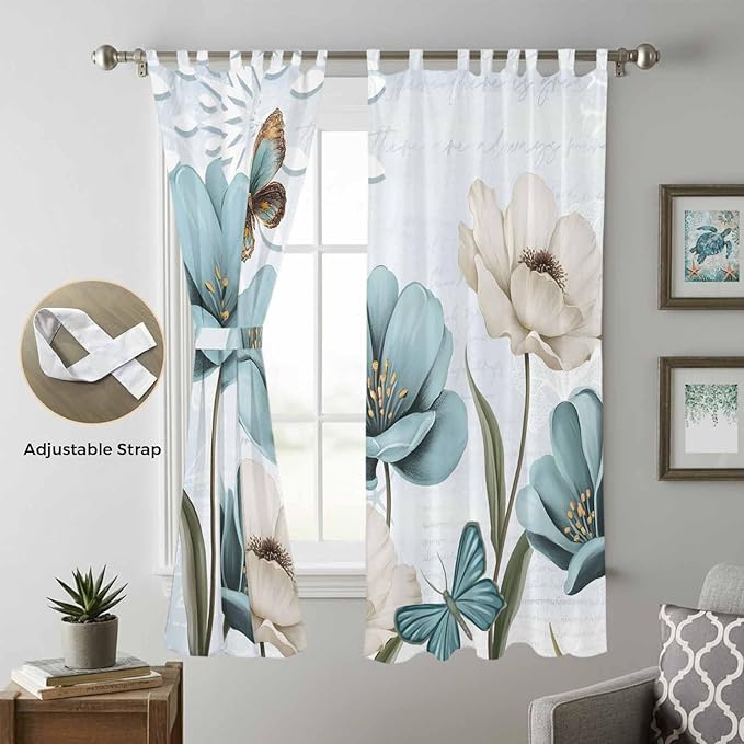 Blue Tulips Living Room Curtains 84 Inch Length, Window Curtains Tab Top, Watercolor Flowers Butterfly Spring Farmhouse Blue Light Filtering Window Treatments Drapes 52"x84" 2 Panel